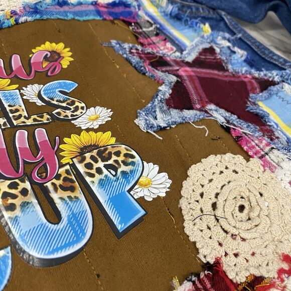 Upcycled Denim Jacket Womens Sz Large Christian Coffee Grunge Patchwork Folk Art - Picture 14 of 16